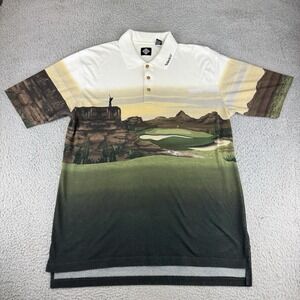 VINTAGE Tabasco Men Polo XL White Graphic All Over Print Golf Scene Short Sleeve